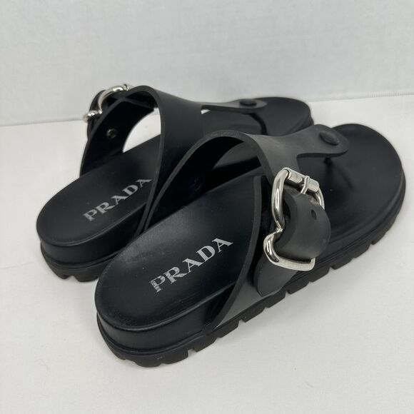 Prada in Nero Rubber Thong Sandal Black and Silver Limited Edition Adjustable - Picture 4 of 6